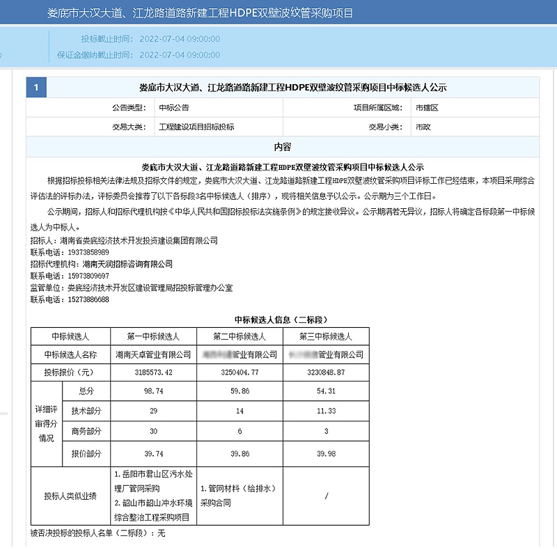 婁底市大漢大道、江龍路道路新建工程HDPE雙壁波紋管采購項目